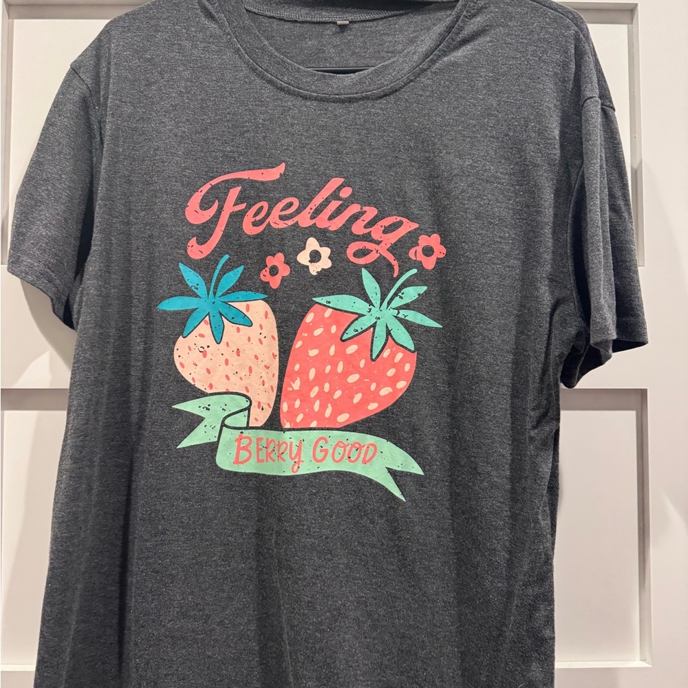 Gray Graphic T-Shirt with Strawberry Design